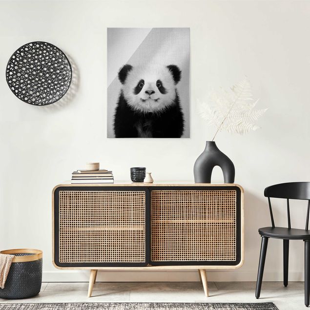 Glass prints black and white Baby Panda Prian Black And White