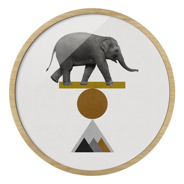 Framed prints round Art Of Balance Elephant