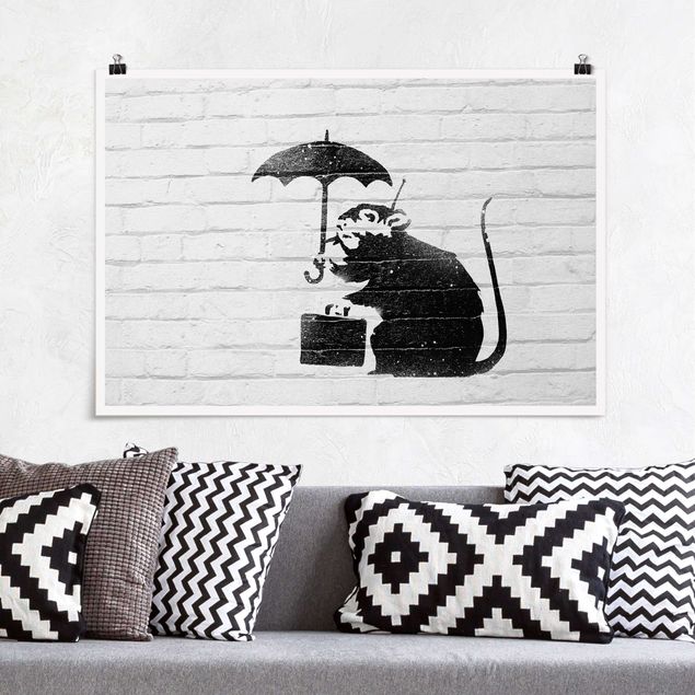 Black and white poster prints Ratte mit Regenschirm - Brandalised ft. Graffiti by Banksy