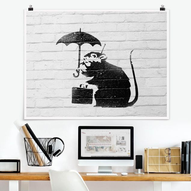Posters black and white Ratte mit Regenschirm - Brandalised ft. Graffiti by Banksy