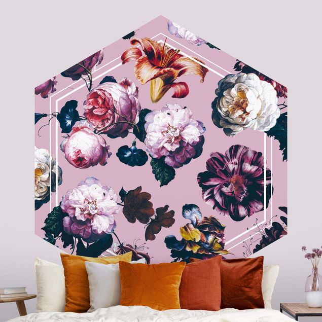 Floral wallpaper Baroque Flowers With White Geometry In Pink