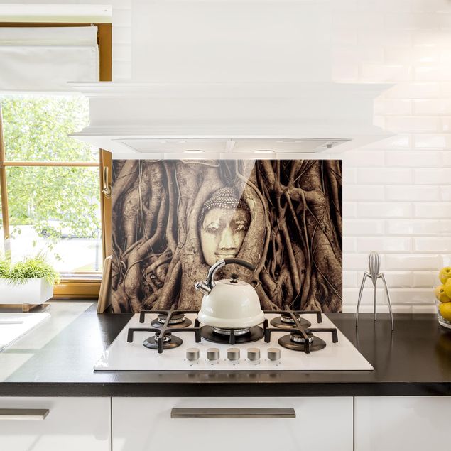 Glass splashback kitchen flower Buddha In Ayutthaya From Tree Roots Lined In Brown