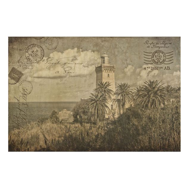Wood prints landscape Vintage Postcard With Lighthouse And Palm Trees