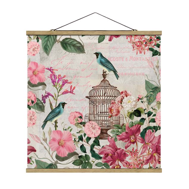 Animal wall art Shabby Chic Collage - Pink Flowers And Blue Birds