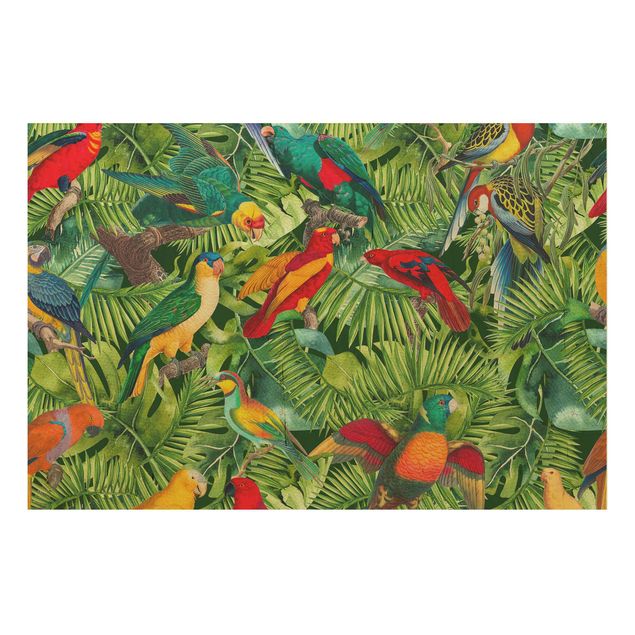 Wood prints flower Colourful Collage - Parrots In The Jungle