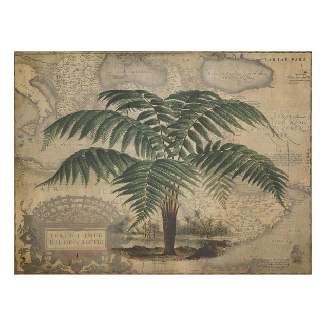 Wood prints flower Vintage Collage - Palm And World Map