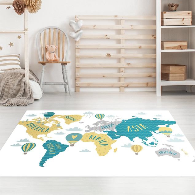 Kids room decor World Map with Hot-Air Balloon