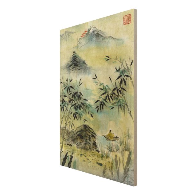 Vintage wood prints Japanese Watercolour Drawing Bamboo Forest