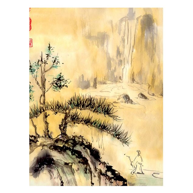 Prints landscape Japanese Watercolour Drawing Cedars And Mountains