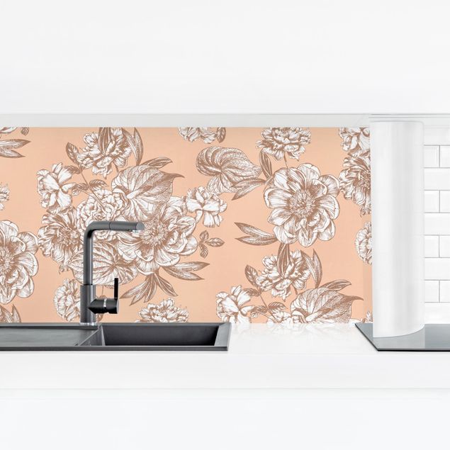 Kitchen wall cladding - Copper Engraving Flower Bouquet