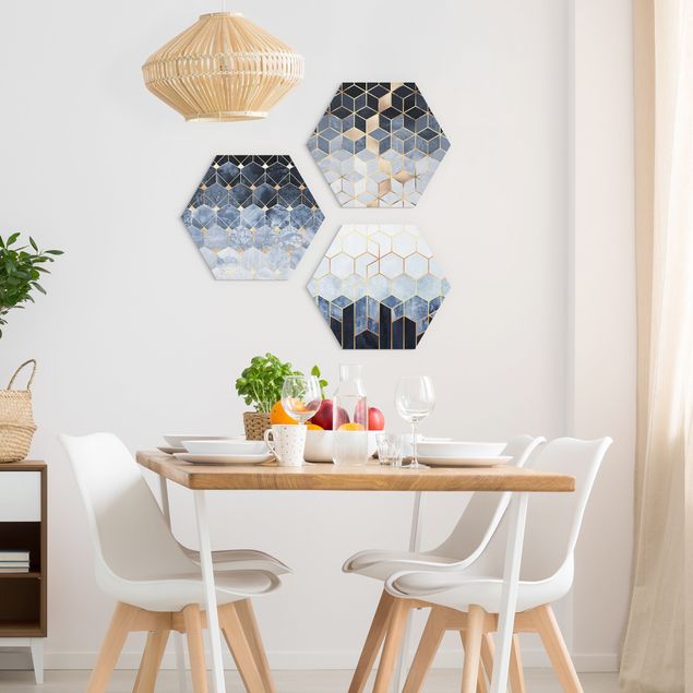 Abstract canvas wall art Blue White Golden Hexagons Set