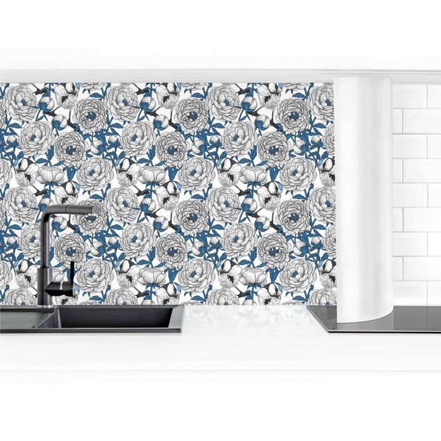 Kitchen splashback animals Peonies And Tomtits In White And Blue