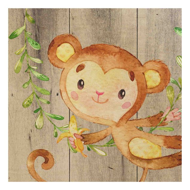 Uta Naumann Watercolour Monkey On Wood