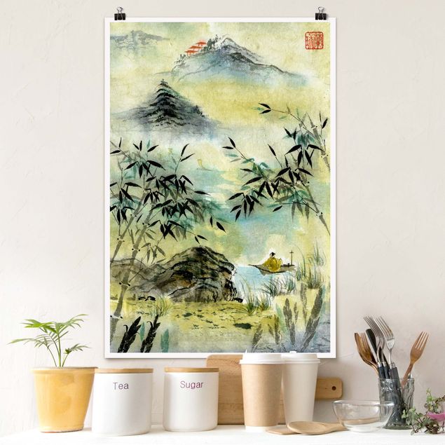 Kitchen Japanese Watercolour Drawing Bamboo Forest