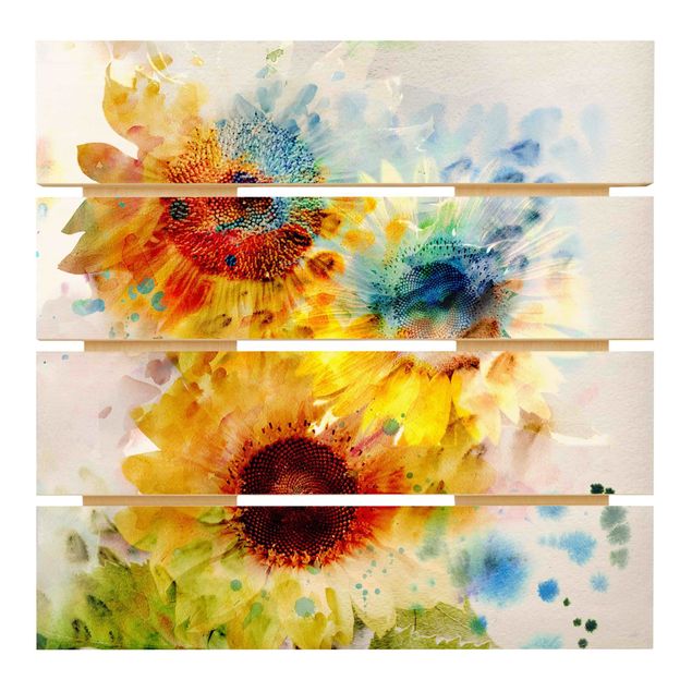 Prints on wood Watercolour Flowers Sunflowers