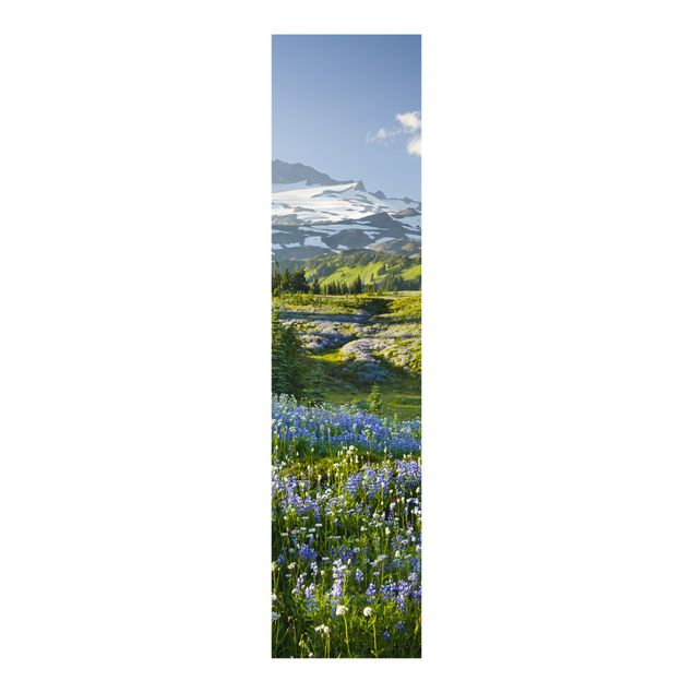 Sliding panel curtains flower Mountain Meadow With Blue Flowers in Front of Mt. Rainier