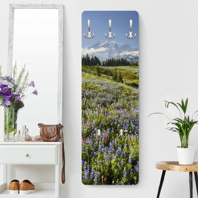 Wall mounted coat rack flower Mountain Meadow With Red Flowers in Front of Mt. Rainier