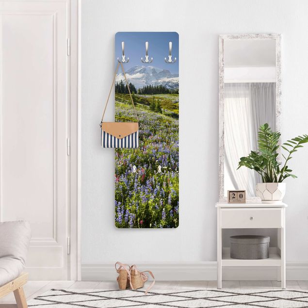 Wall mounted coat rack landscape Mountain Meadow With Red Flowers in Front of Mt. Rainier