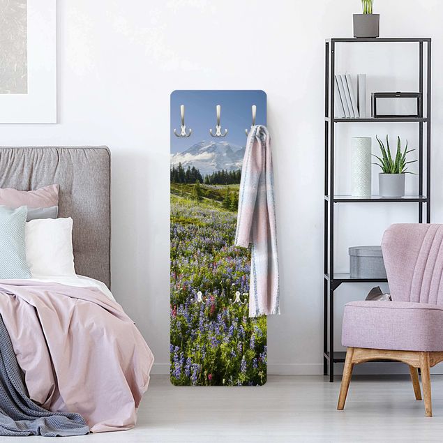 Wall mounted coat rack country Mountain Meadow With Red Flowers in Front of Mt. Rainier