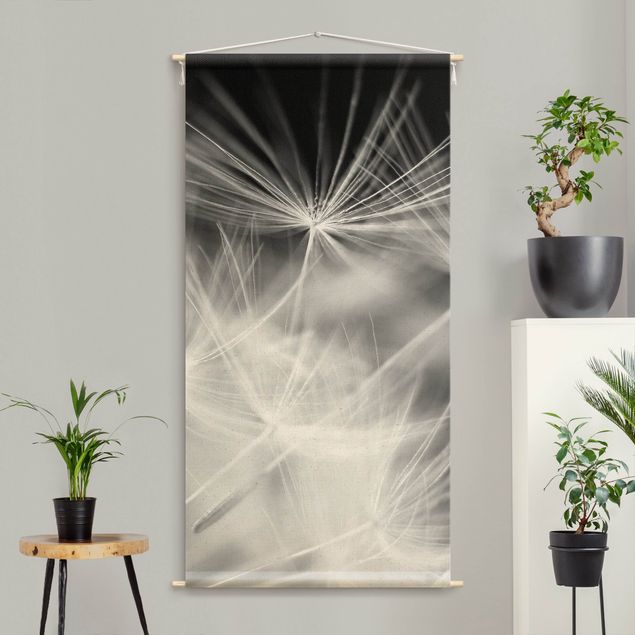 extra large wall tapestry Moving Dandelions Close Up On Black Background
