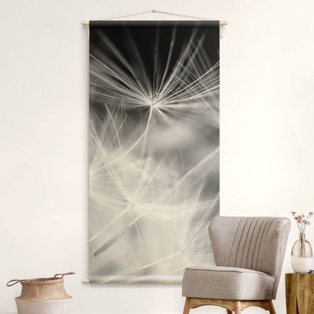 tapestry wall hanging Moving Dandelions Close Up On Black Background