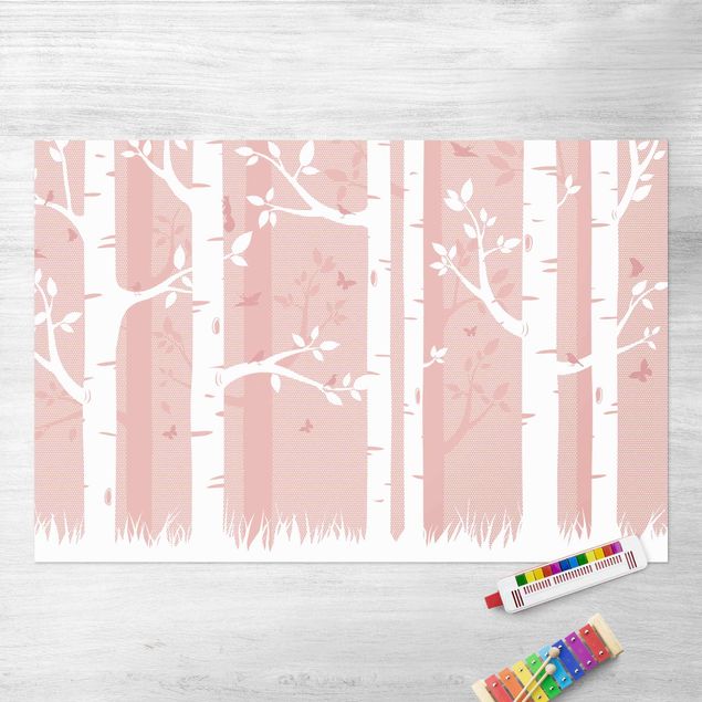 outdoor patio rugs Pink Birch Forest With Butterflies And Birds