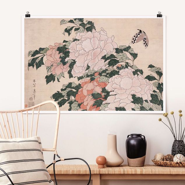 Kitchen Katsushika Hokusai - Pink Peonies With Butterfly