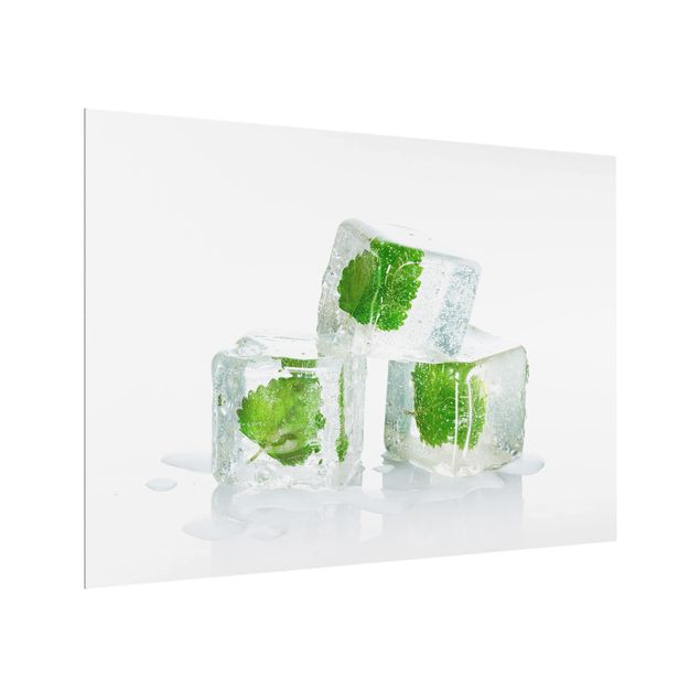 Glass splashback Three Ice Cubes With Lemon Balm