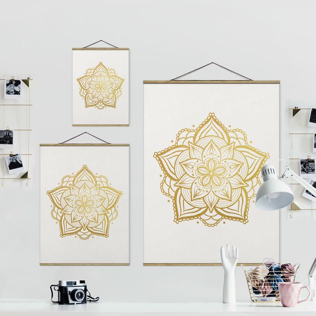 Fabric print with posters hangers Mandala Flower Illustration White Gold