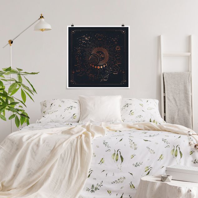 Map prints Astrology Sun Moon And Stars Blue Gold