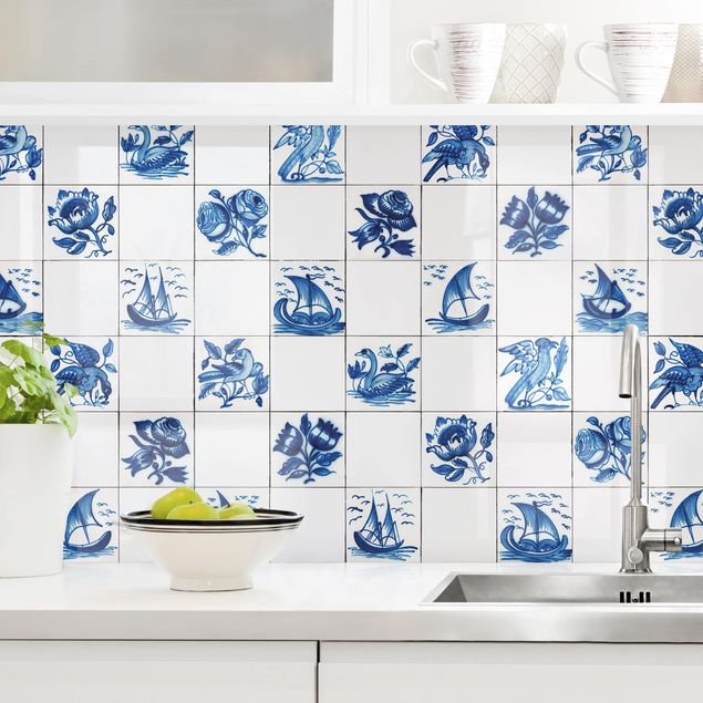 Kitchen Hand Painted Tiles With Flowers, Ships And Birds