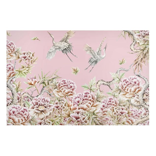 Magnet boards flower Watercolour Storks In Flight With Roses On Pink