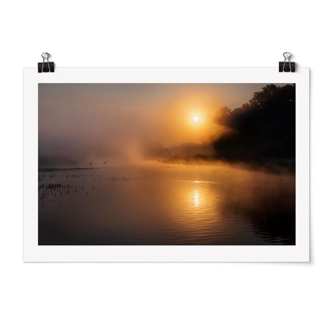 Posters landscape Sunrise on the lake with deers in the fog