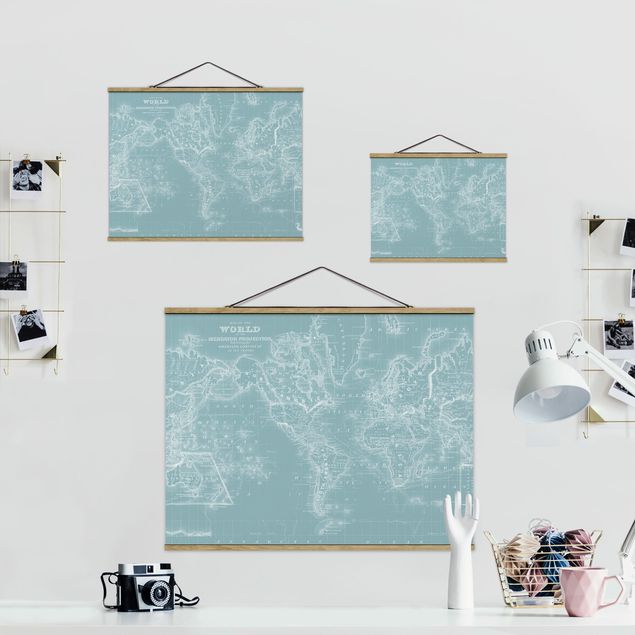 Fabric print with posters hangers World Map In Ice Blue