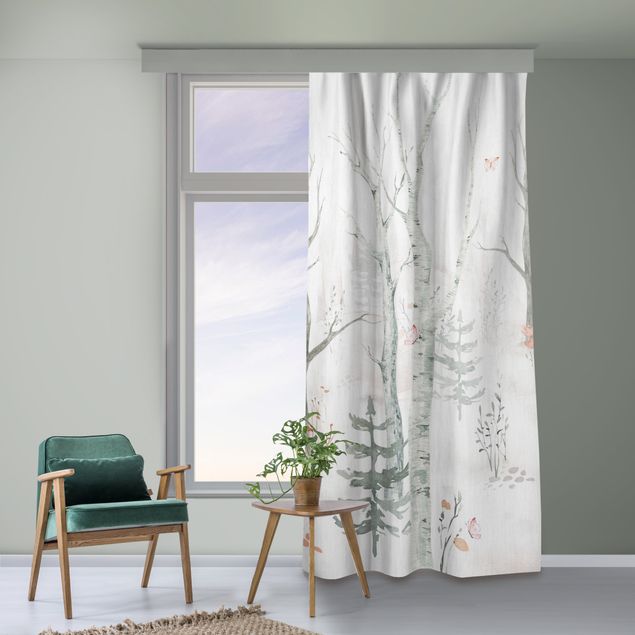 custom curtain Birch forest with poppies