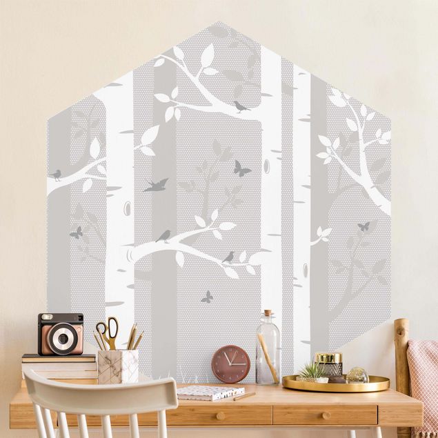 Nursery decoration Birch Forest With Butterflies And Birds
