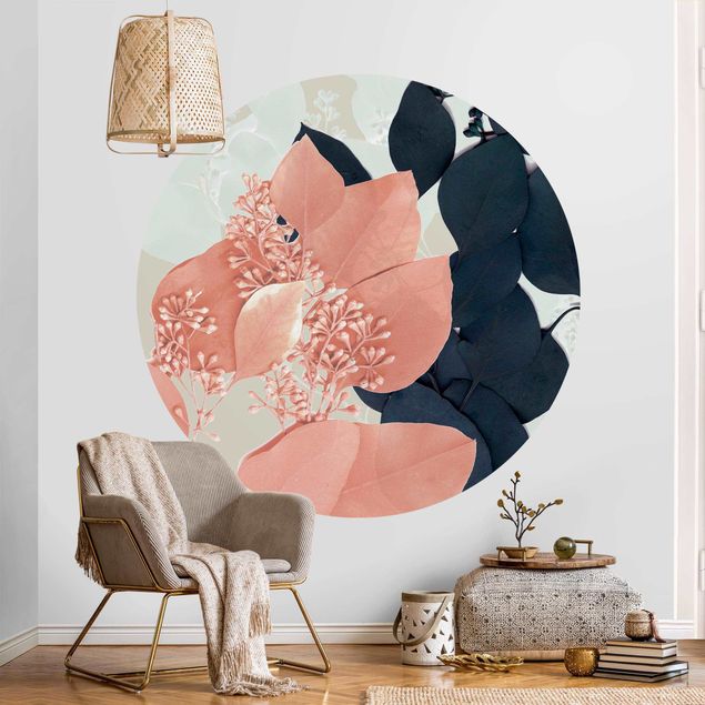 Floral wallpaper Leaves Indigo & Rouge III