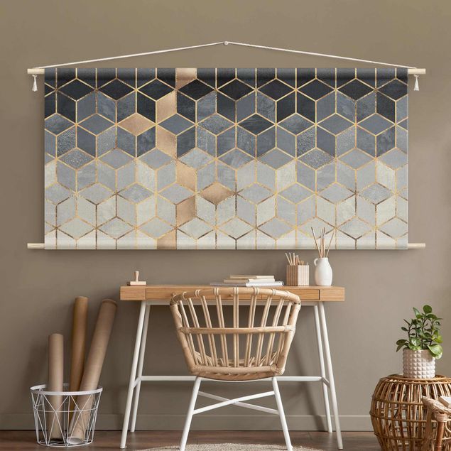 extra large tapestry Blue White Golden Geometry