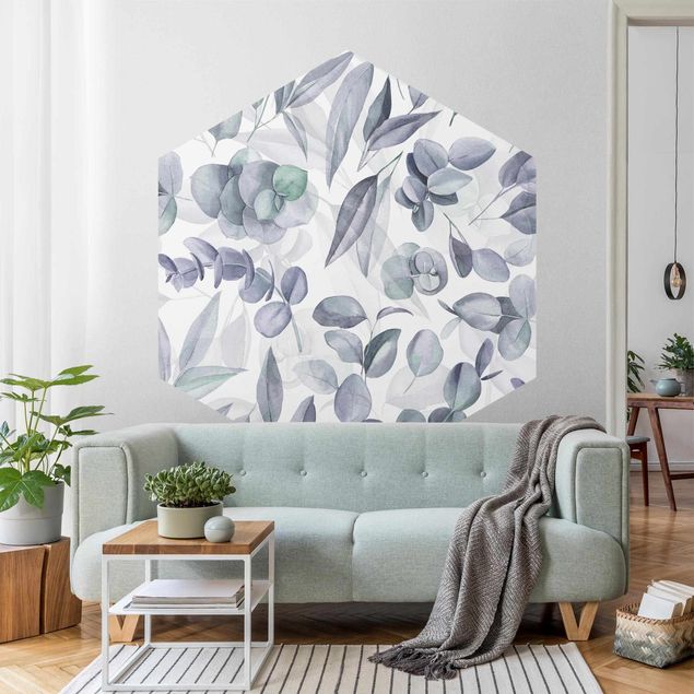 Modern wallpaper designs Blue Watercolour Eucalyptus Leaves