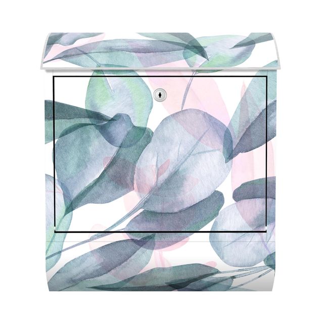 Blue letter box Blue And Pink Eucalyptus Leaves Watercolour