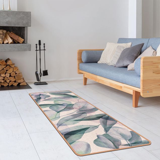 large floor mat Blue And Pink Eucalyptus Leaves Watercolour