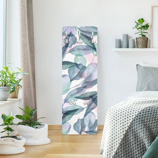 Coat rack patterns Blue And Pink Eucalyptus Leaves Watercolour