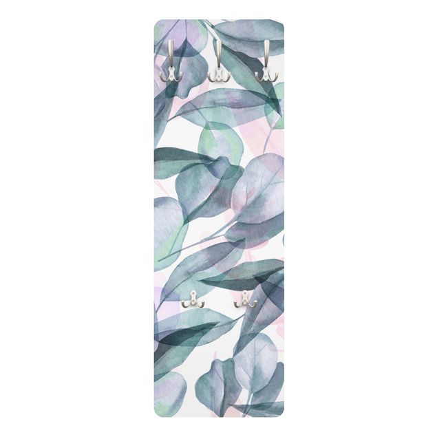 Wall mounted coat rack Blue And Pink Eucalyptus Leaves Watercolour