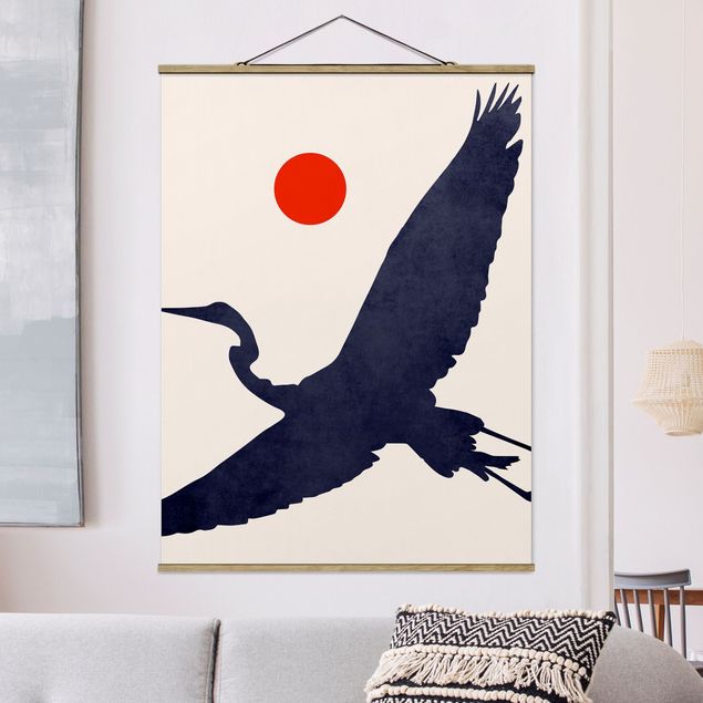 Art prints Blue Crane In Front Of Red Sun