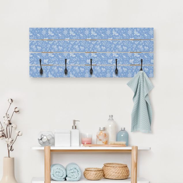 Wooden wall mounted coat rack Blue Tits In Front Of Blue