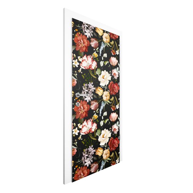Door Wallpapers flower Flowers Watercolour Vintage Pattern on Black