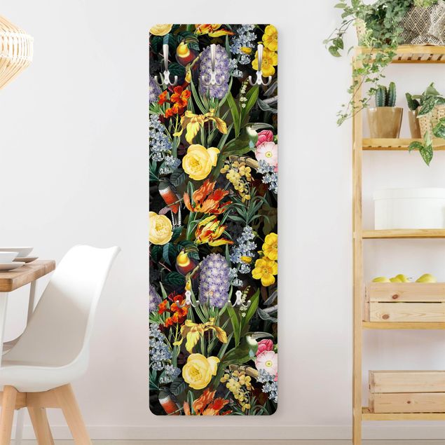 Wall mounted coat rack flower Flowers With Colourful Tropical Birds