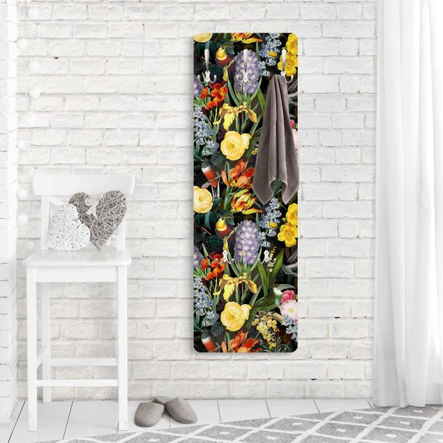Wall mounted coat rack patterns Flowers With Colourful Tropical Birds
