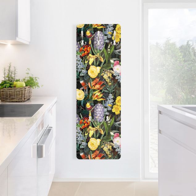 Wall mounted coat rack animals Flowers With Colourful Tropical Birds