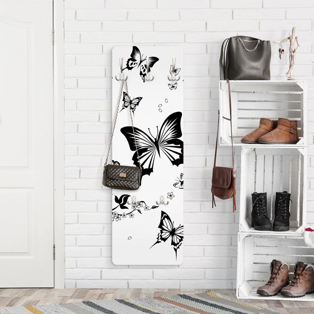Wall mounted coat rack black and white Flowers and Butterflies